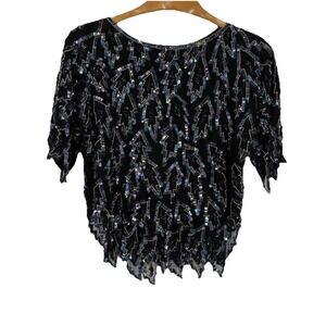 Scala‎ Womens Silk Leaf Print Top Large Black Sequined Cocktail New Years Formal